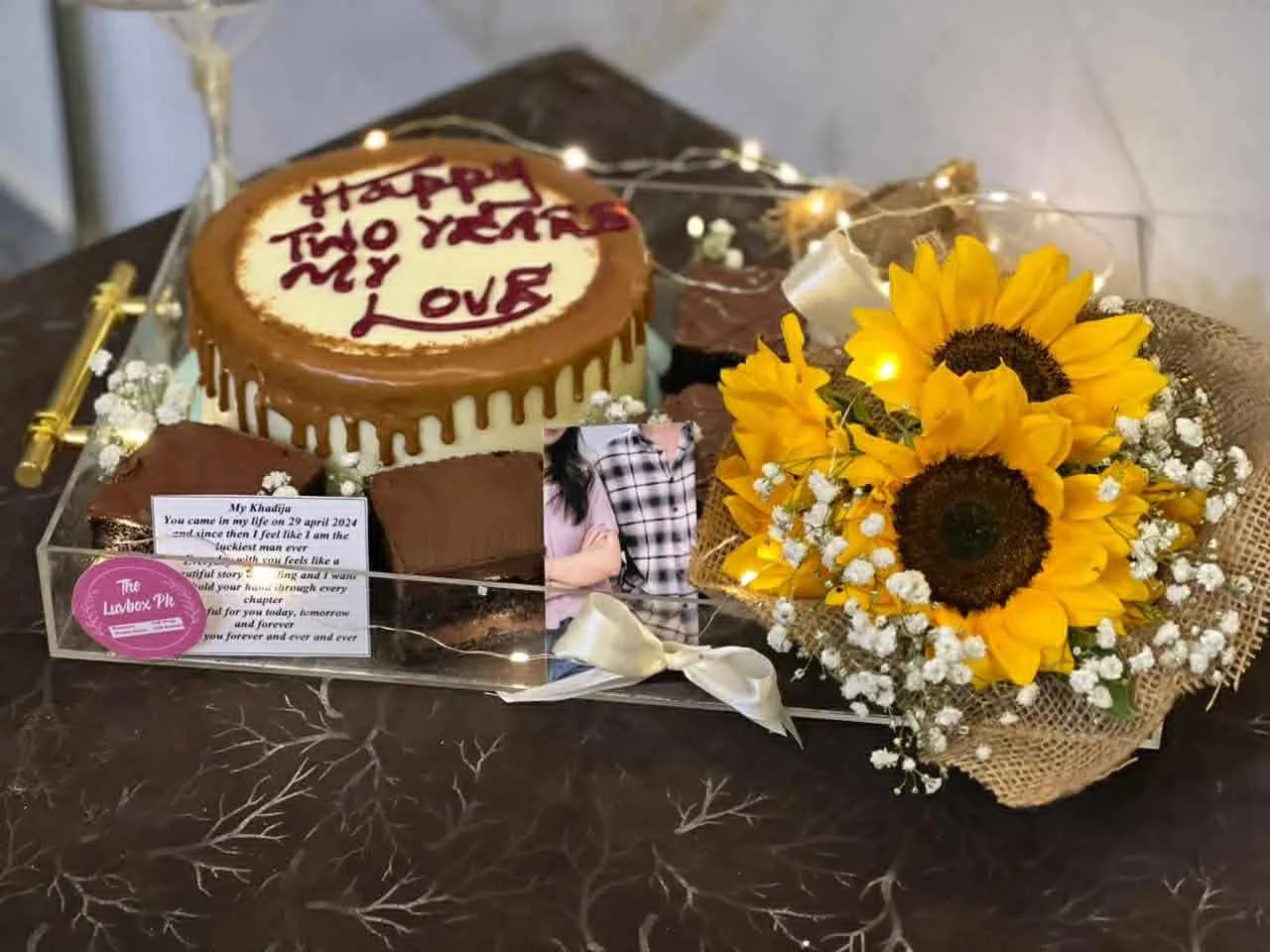 Eternal Love Acrylic Tray – “I Love You” Anniversary Set with Cake, Brownies & Sunflower Bouquet