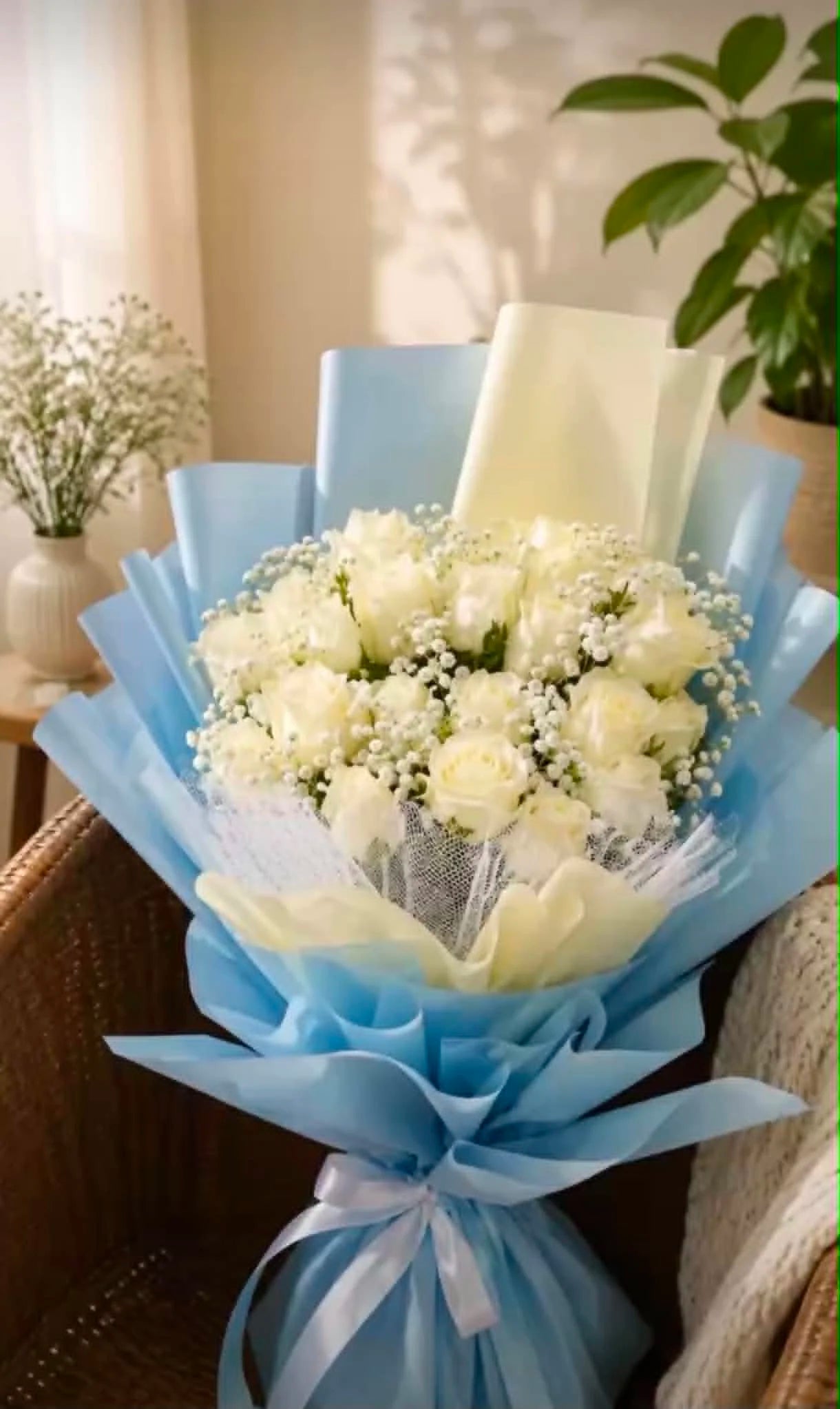 Luxury bouquet of 20 long-stem white roses for him, elegantly wrapped for birthdays, graduations, congratulations, and flower delivery in Pakistan.