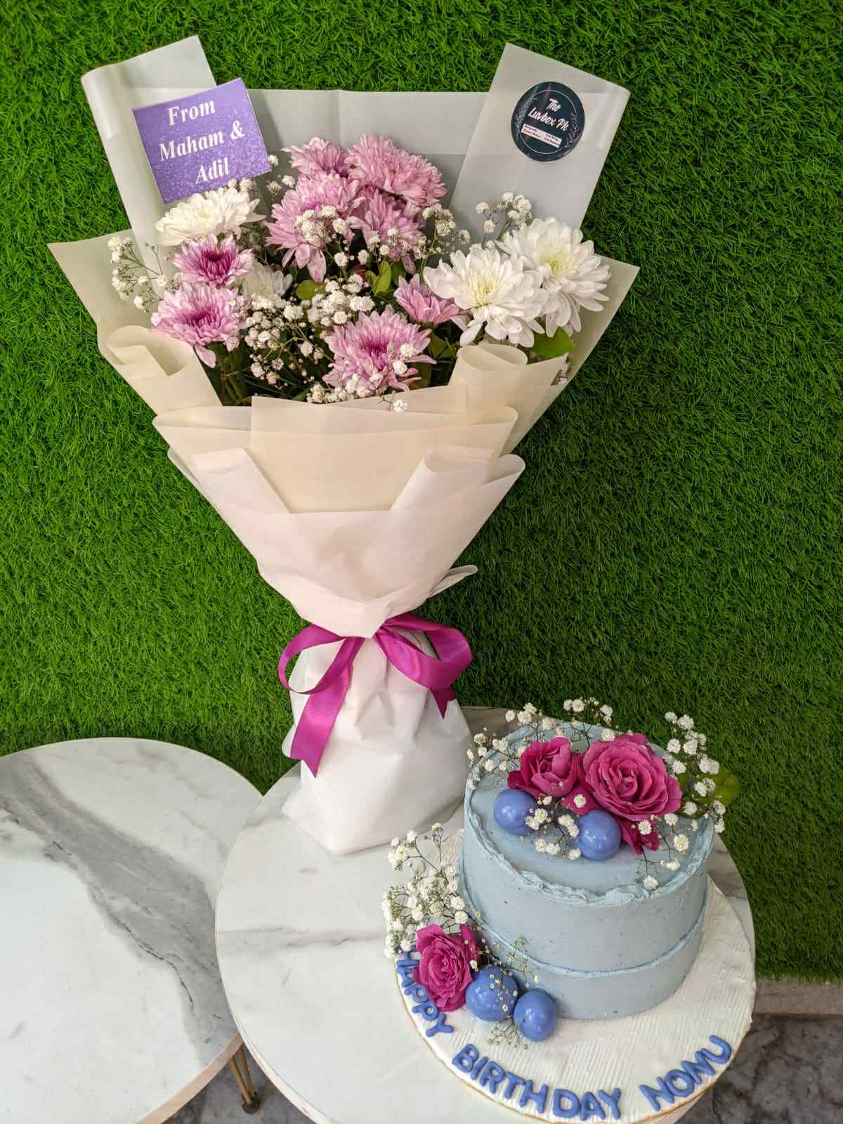 Lavender Bliss Duo – purple-themed cake with matching bouquet, perfect for her special day