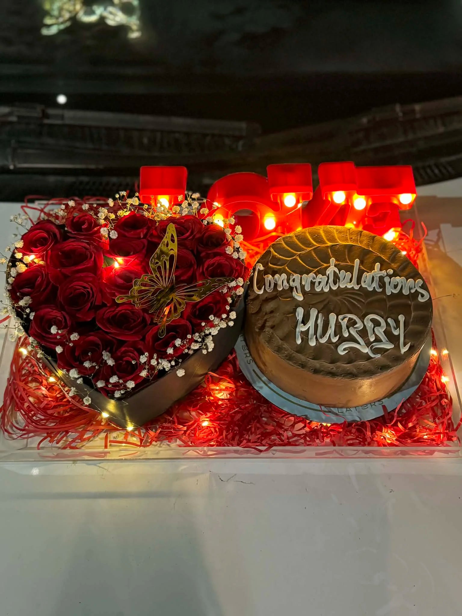 Luxury anniversary acrylic gift box with cake flower box and LOVE LED letters Islamabad