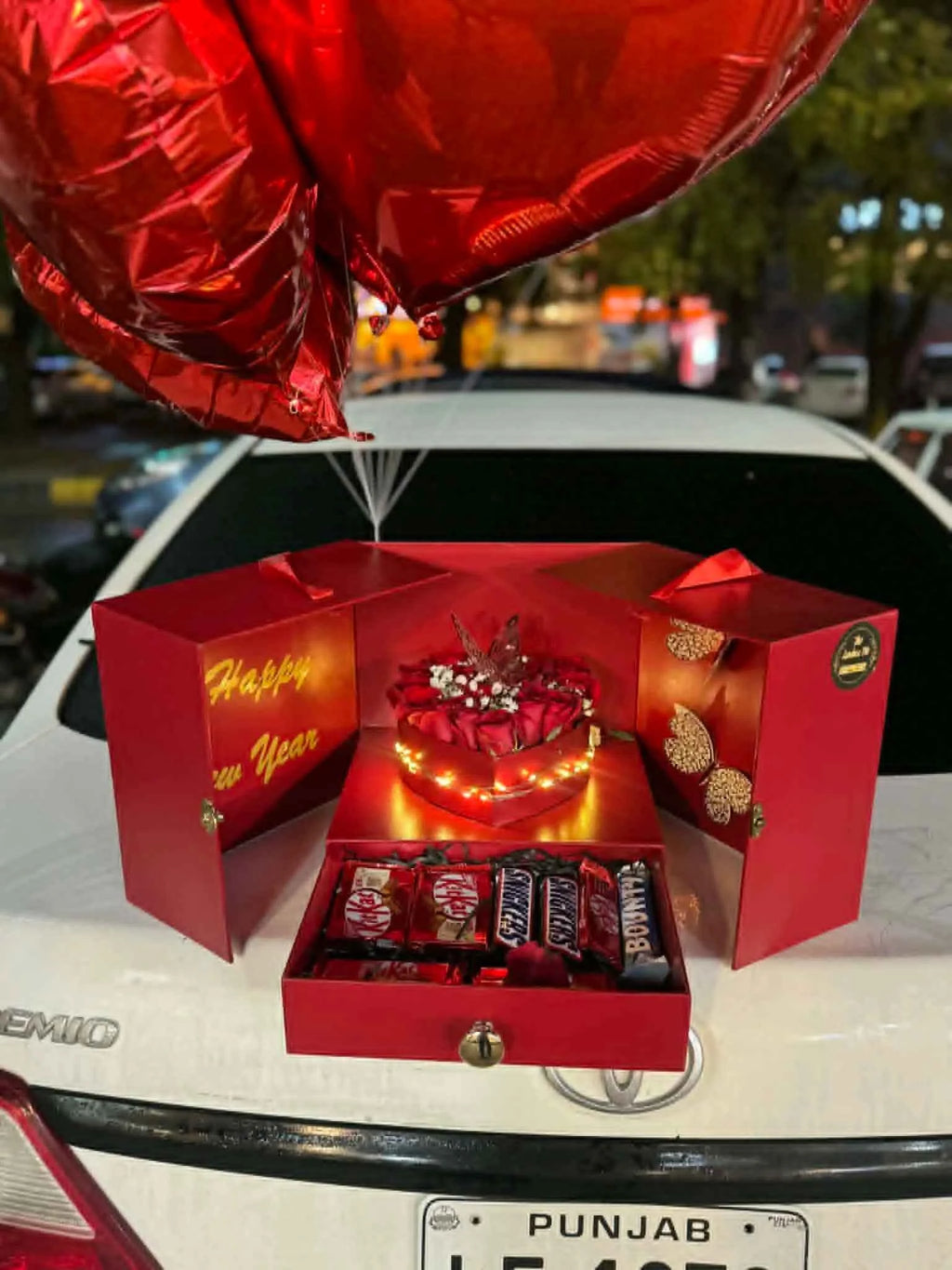 Secret Bloom Luxe Box – Floral Drawer Gift with Chocolates & Balloon Top