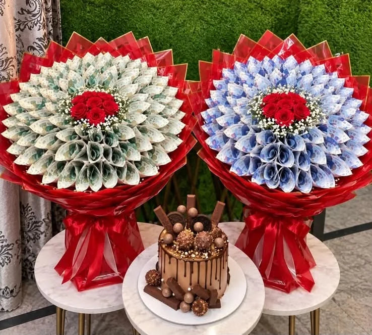 Luxury birthday gift for her with two cash money bouquets totaling PKR 100000 and 3 lbs chocolate fudge cake in Pakistan