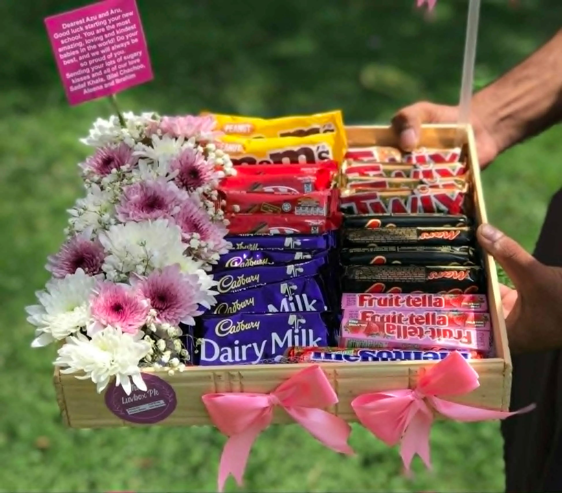 Mother’s Day chocolate basket wooden tray with flowers on one side luxury gift Pakistan delivery