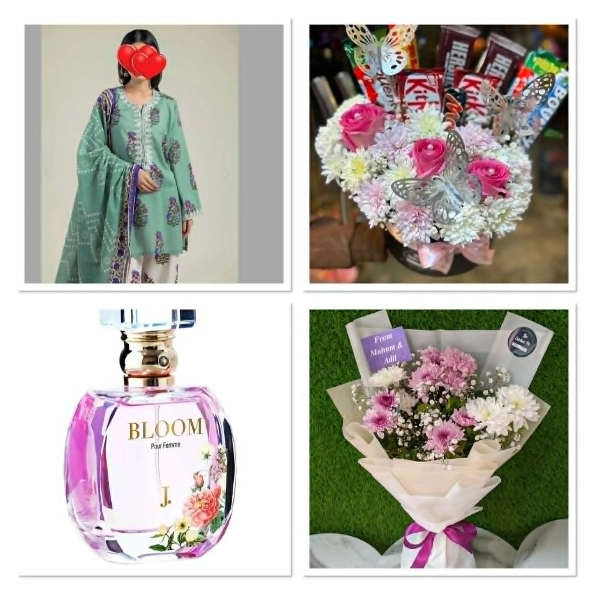 Mother’s Day luxury gift set with Khaadi dress J perfume flowers and chocolates Pakistan delivery Islamabad