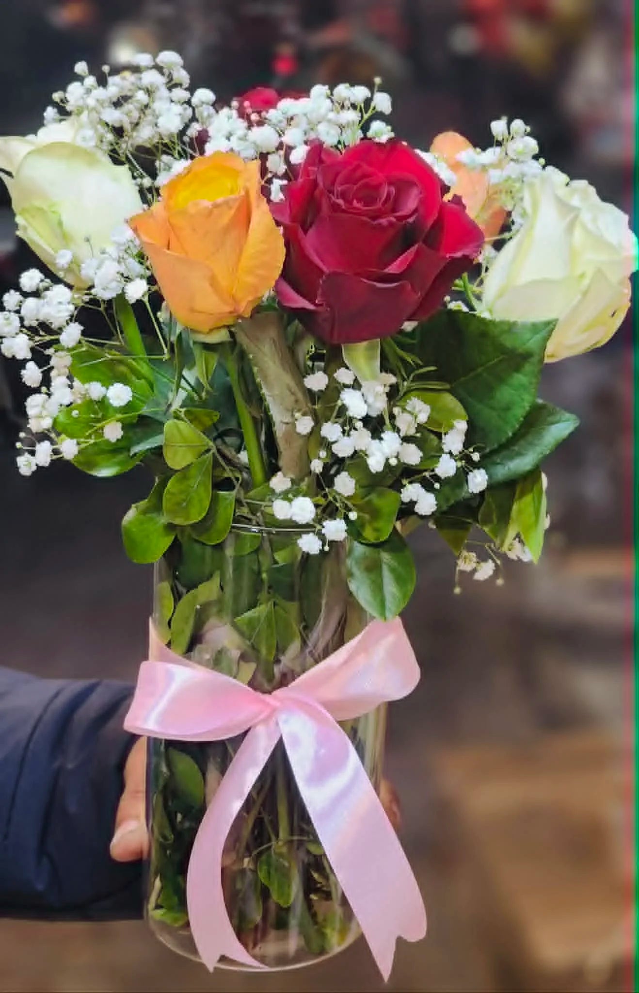 Mother’s Day vase arrangement with imported long stem roses in customizable colors.