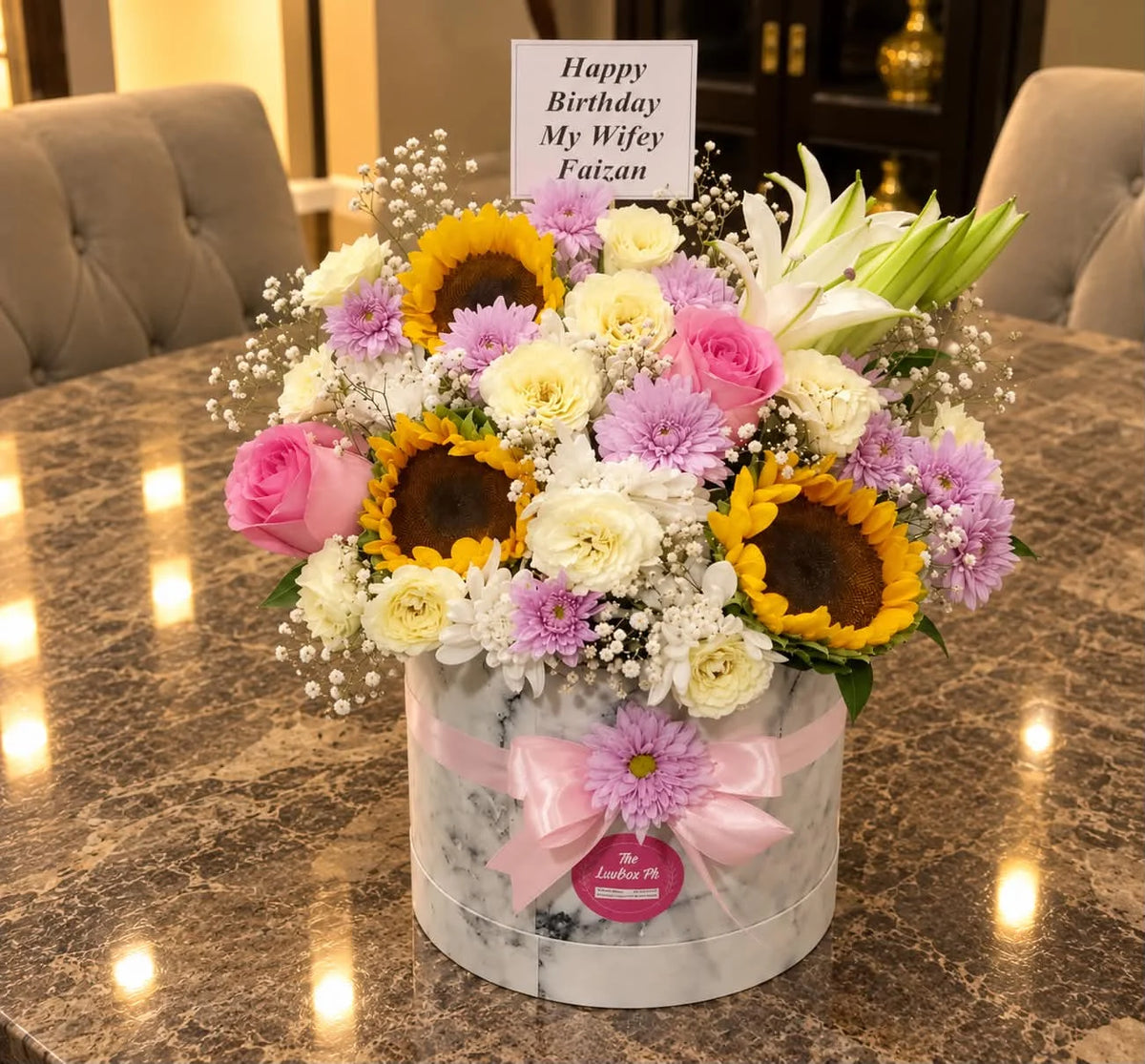 Luxury birthday flower box featuring fresh pink and white flowers with elegant lilies arranged in a premium floral gift box for delivery in Pakistan
