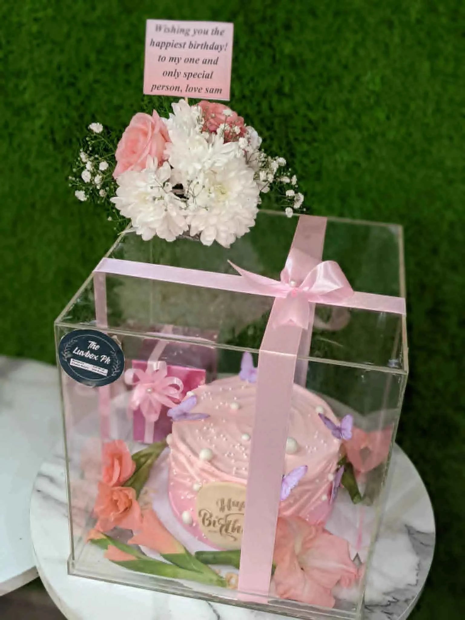 Pink Royale Acrylic Box – Birthday Cake, Flowers & Perfume Gift Set for Her