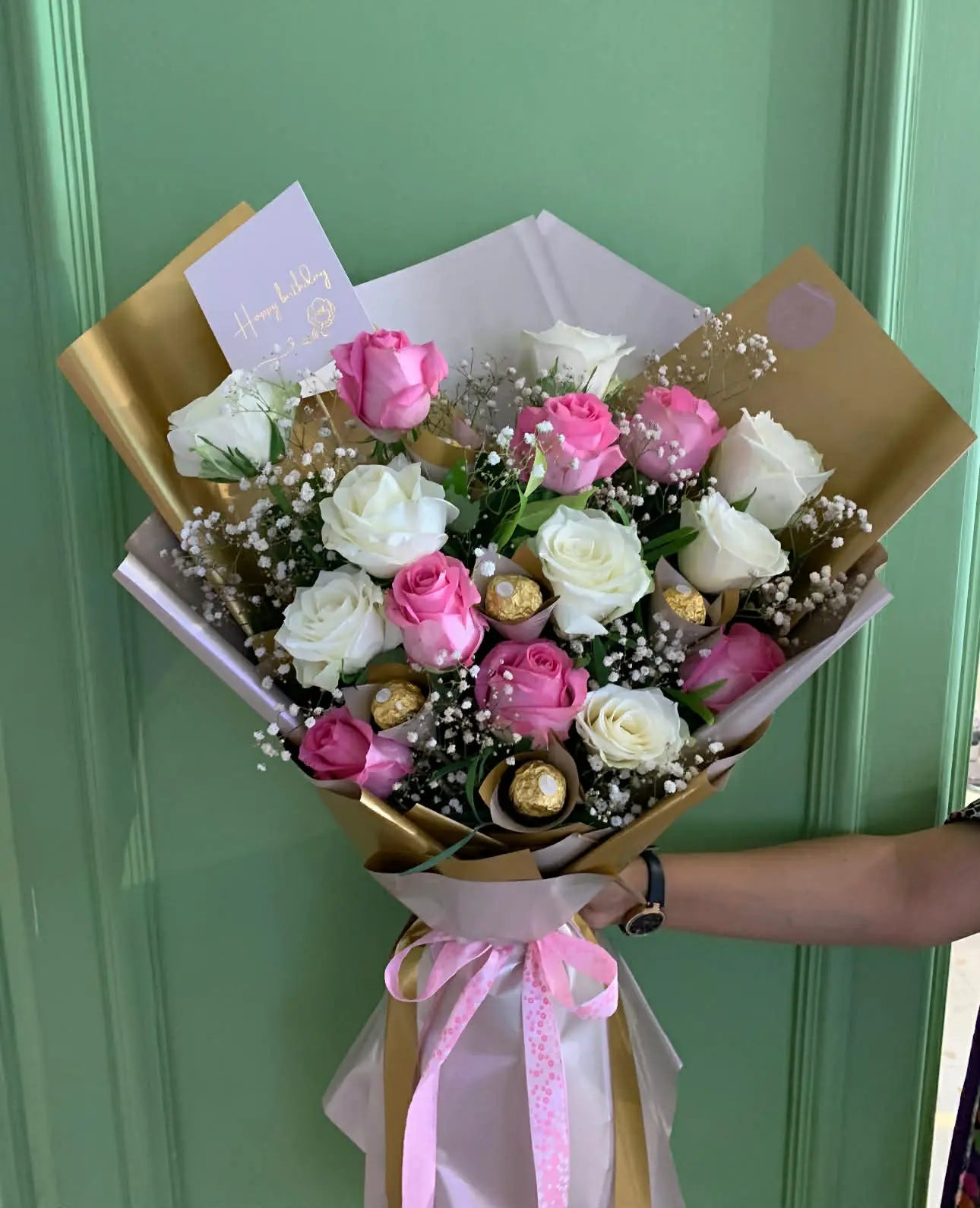 Luxury pink and white rose bouquet with Ferrero Rocher chocolates