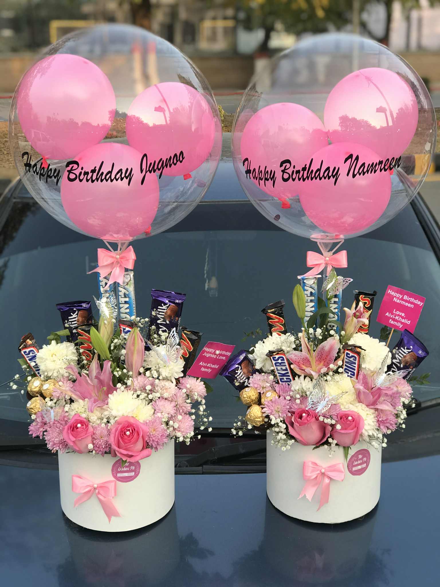 Pretty in Pink Birthday Box with balloon, flowers, and chocolates
