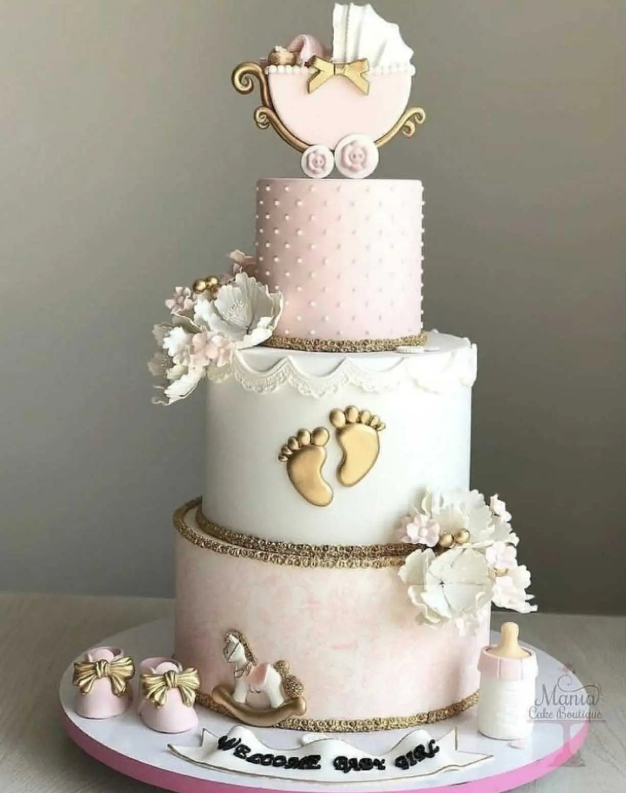 Luxury 3-tier baby girl welcome cake in pink & white theme, 18–22 lbs, perfect centerpiece for baby shower or welcome celebration.