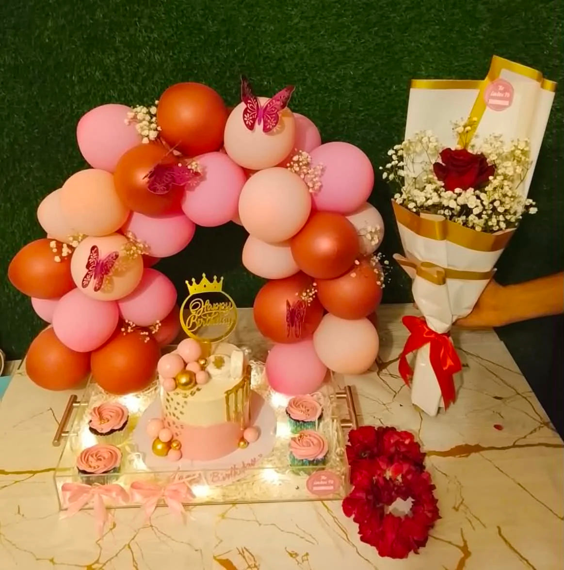 Luxury acrylic celebration tray with balloon arch, 3 lbs cake, rose bouquet and floral gajray for her, perfect for birthdays and anniversaries in Islamabad.