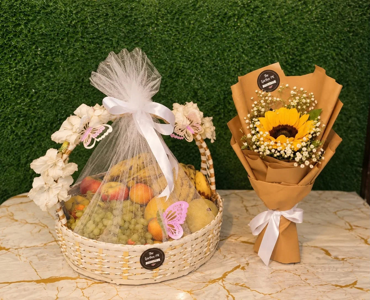 Premium 3 to 5 kg seasonal mixed fruit basket with fresh sunflower bouquet for Get Well Soon gift delivery Pakistan