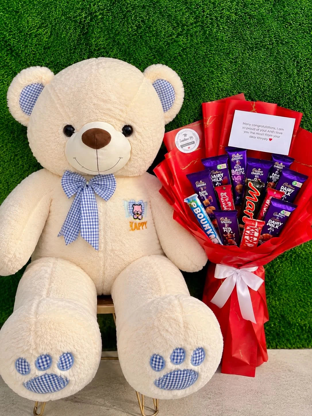 Medium white teddy bear with mixed chocolate bouquet for gifts delivery Islamabad