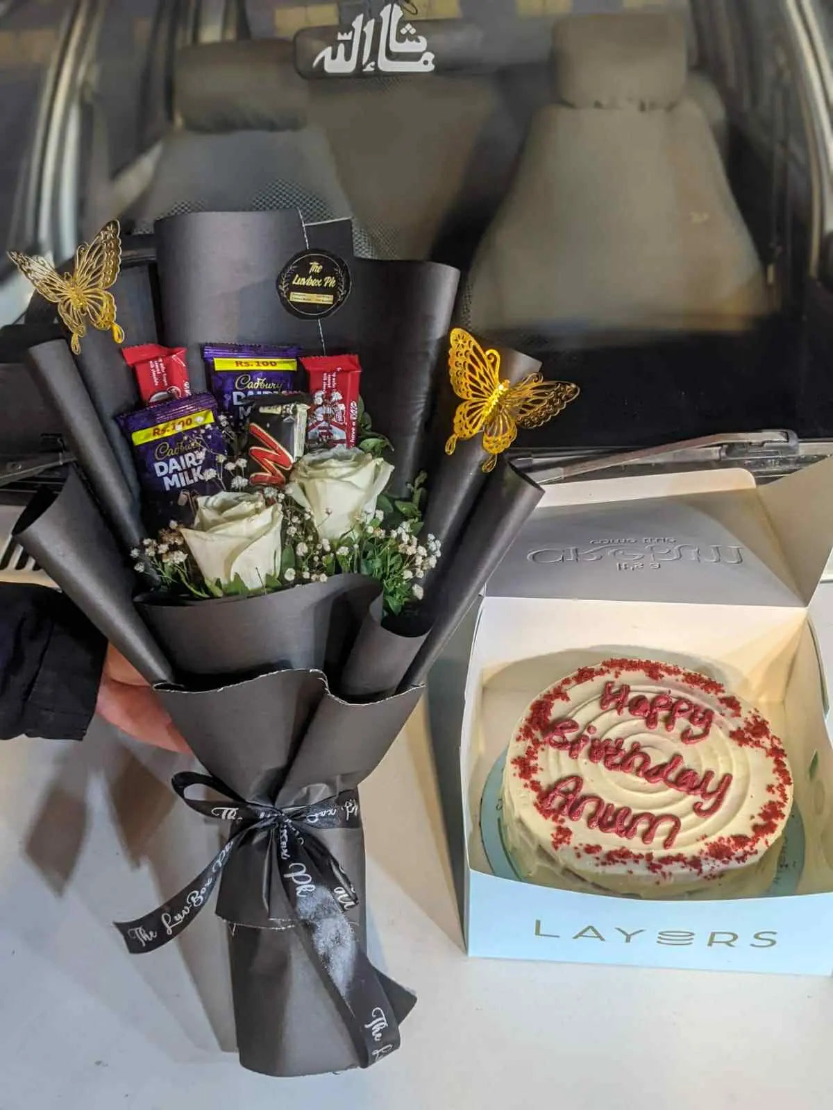 Sweet Indulgence chocolate bouquet with red velvet cake – romantic gift combo in Pakistan.
