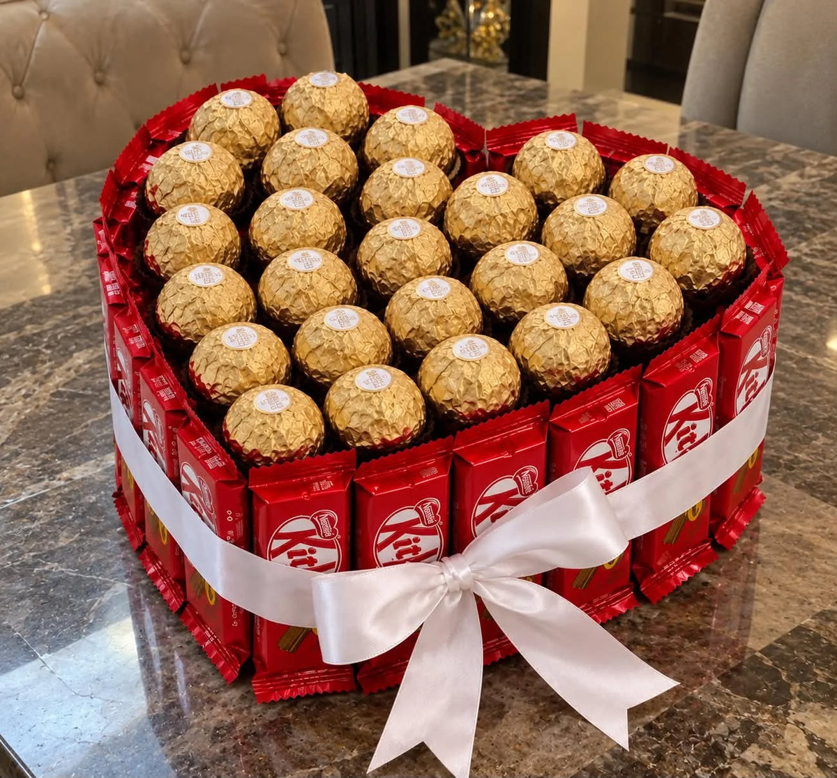 Heart-shaped chocolate gift box featuring Ferrero Rocher chocolates in the center, two KitKat bars along the sides, and elegant ribbon decoration