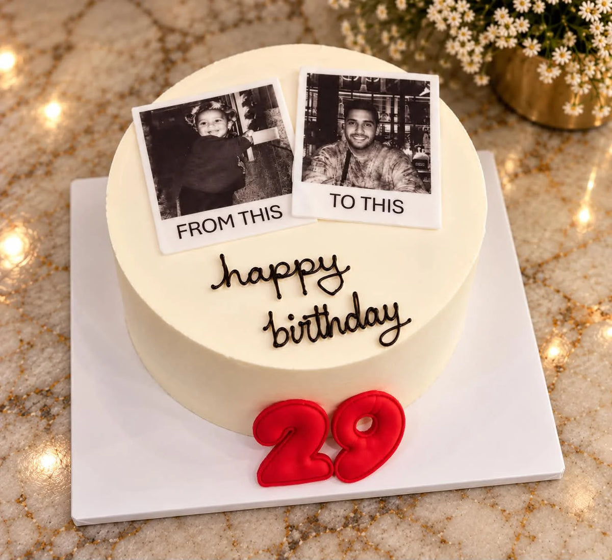 Premium customized birthday cake for him featuring two personalized photographs showing his younger years and present-day appearance