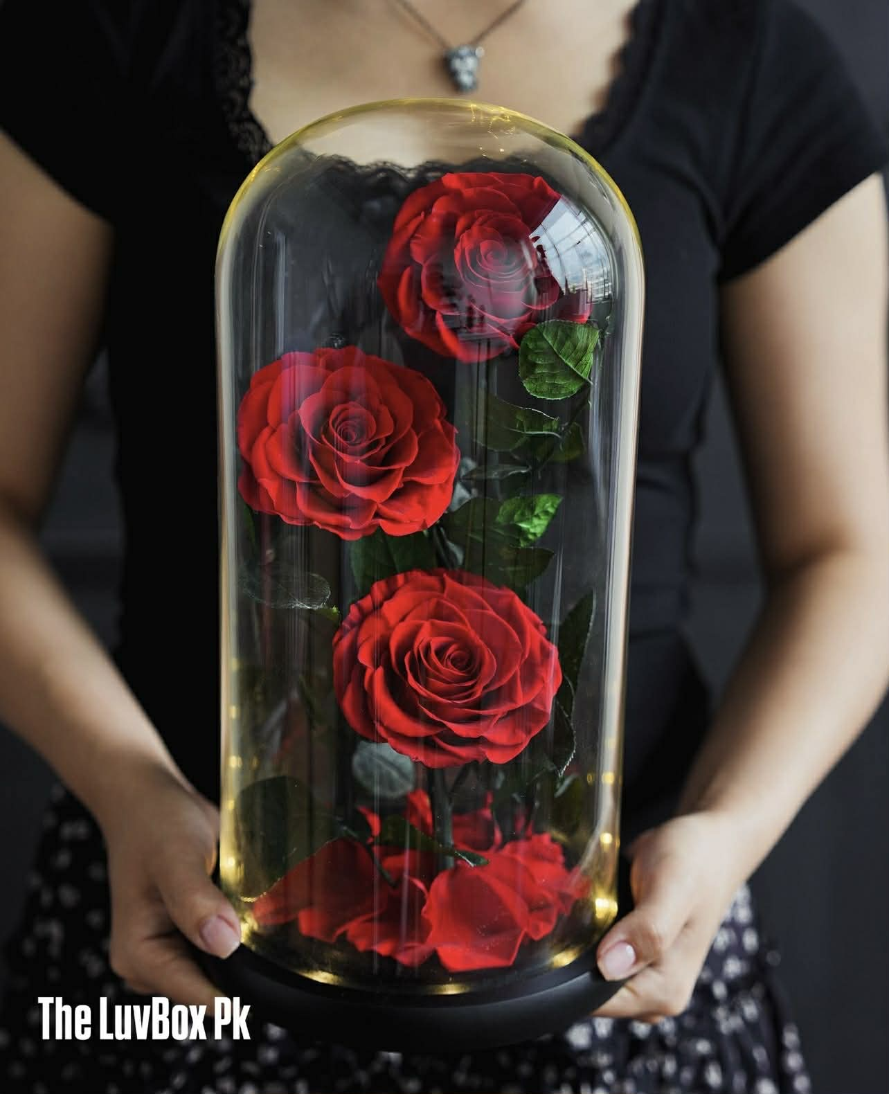 Three red forever roses preserved in glass dome luxury gift Islamabad